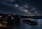 満天の天の川の下、暗い机の上に置かれたヘッドホンとスマートフォン
