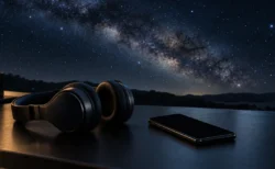 満天の天の川の下、暗い机の上に置かれたヘッドホンとスマートフォン