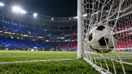 ナイター照明に照らされたスタジアムでゴールネットに収まったサッカーボール