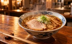 ラーメン店のカウンターに置かれた醤油中華そば
