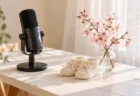 窓辺の木の机に置かれたスタンドマイクと、小さな白いベビーシューズ、春の花