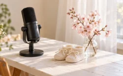 窓辺の木の机に置かれたスタンドマイクと、小さな白いベビーシューズ、春の花
