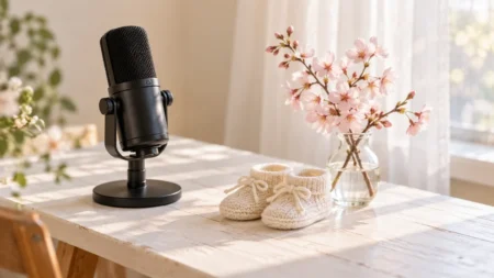 窓辺の木の机に置かれたスタンドマイクと、小さな白いベビーシューズ、春の花
