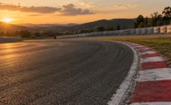 夕方の光に照らされたサーキットのカーブと縁石