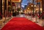 秋の夕暮れの映画館街に続く赤絨毯の歩道とぼけた街の灯り