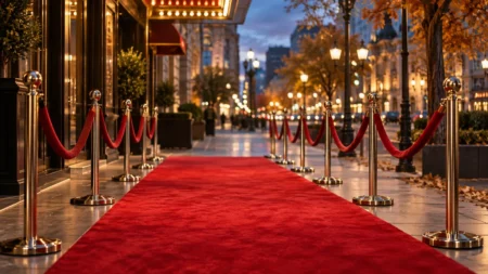 秋の夕暮れの映画館街に続く赤絨毯の歩道とぼけた街の灯り