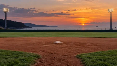 夕暮れの海沿いの野球場、二塁ベース付近の内野