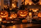 ジャック・オ・ランタンとろうそくが並ぶハロウィンパーティーのテーブル