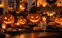 ジャック・オ・ランタンとろうそくが並ぶハロウィンパーティーのテーブル