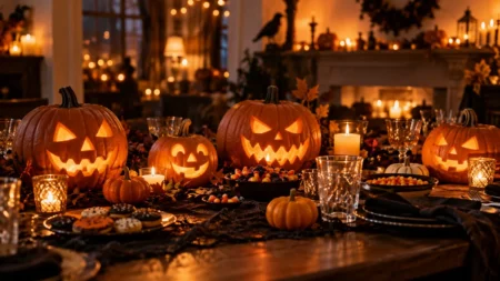 ジャック・オ・ランタンとろうそくが並ぶハロウィンパーティーのテーブル