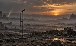 夕暮れの荒野に霧が漂い、無人のスタンドマイクが1本立つ風景