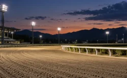 夕暮れに照明がともる地方競馬場の無人のダートコース