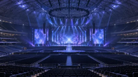 開演前のドーム会場で、青と紫のライトが無人のステージを照らす様子