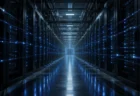 青い光が並ぶデータセンターのサーバーラックの通路