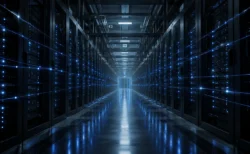 青い光が並ぶデータセンターのサーバーラックの通路
