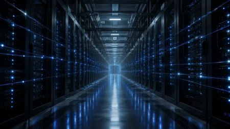 青い光が並ぶデータセンターのサーバーラックの通路