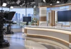 照明とカメラが並ぶ無人のテレビ局報道スタジオのキャスターデスク