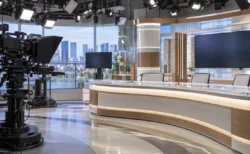 照明とカメラが並ぶ無人のテレビ局報道スタジオのキャスターデスク