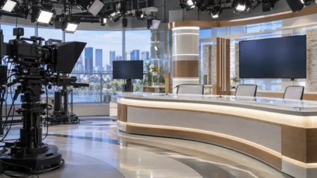 照明とカメラが並ぶ無人のテレビ局報道スタジオのキャスターデスク