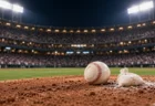 ナイター照明に照らされた野球場のマウンドに置かれた硬式球とロジンバッグ