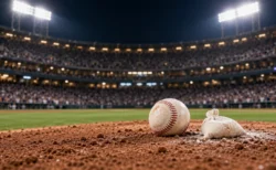 ナイター照明に照らされた野球場のマウンドに置かれた硬式球とロジンバッグ