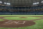 開場前のドーム球場の無人の内野グラウンド