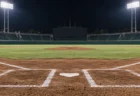 夜の照明に照らされた無人の野球場のマウンド