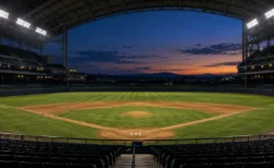 試合後の夕暮れの野球場と照明に照らされたマウンド