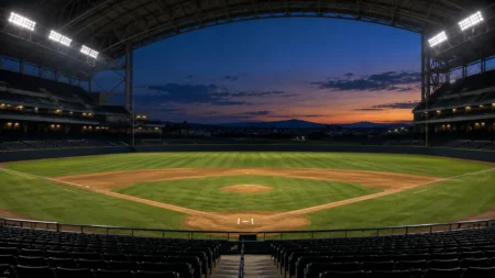 試合後の夕暮れの野球場と照明に照らされたマウンド