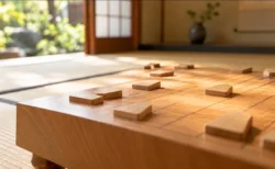 朝の光が差し込む和室に置かれた将棋盤と駒