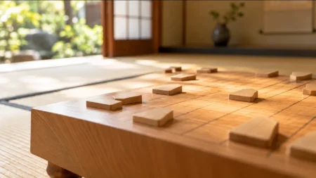 朝の光が差し込む和室に置かれた将棋盤と駒