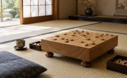 和室の畳に置かれた木製の将棋盤と駒