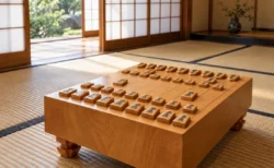 和室の畳の上に置かれた将棋盤と駒