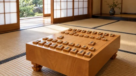 和室の畳の上に置かれた将棋盤と駒