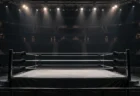 照明に照らされた誰もいないプロレスのリング