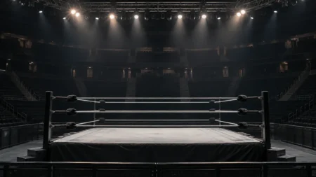 照明に照らされた誰もいないプロレスのリング
