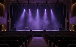 開演前のコンサートホールで、紫色のスポットライトがスモーク越しにステージを照らす様子
