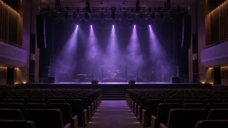 開演前のコンサートホールで、紫色のスポットライトがスモーク越しにステージを照らす様子