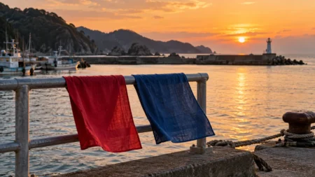 夕方の三陸の漁港、岸壁で風になびく赤と青の2本の手ぬぐい