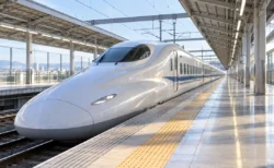 朝の光が差し込む駅のホームに停車する白い新幹線車両