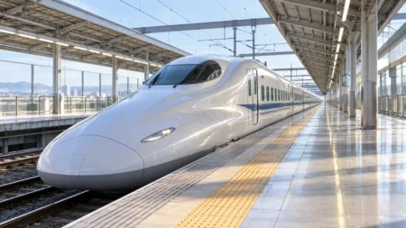 朝の光が差し込む駅のホームに停車する白い新幹線車両