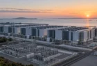 海沿いの湾岸地帯に建つ大規模データセンターと送電設備のイメージ