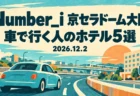 Number_i 京セラドーム大阪 車で行く人のホテル5選 2026.12.2の文字と、高速道路を走る丸みのある車とP看板のある低いホテルを、くすんだオレンジとターコイズで描いたミッドセンチュリーの広告イラスト
