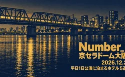 Number_i 京セラドーム大阪 2026.12.2 平日1日公演に泊まるホテル5選の文字と、夜の川にかかる鉄橋を明かりのついた電車が渡る街の風景を、紺と金の2色で表したデュオトーン写真風の画像