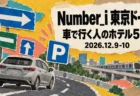 Number_i 東京ドーム 車で行く人のホテル5選 2026.12.9-10の文字と、車・道路・矢印の標識・駐車場のPマーク・電車を雑誌の切り抜きで組み合わせたコラージュ