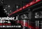Number_i 東京ドーム 2026.12.9-10 平日公演に泊まるホテル5選の文字と、夜の高架を赤い光の帯になって走る電車を写した白黒の街の写真風グラフィック