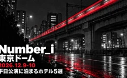 Number_i 東京ドーム 2026.12.9-10 平日公演に泊まるホテル5選の文字と、夜の高架を赤い光の帯になって走る電車を写した白黒の街の写真風グラフィック