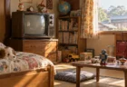 昭和レトロなブラウン管テレビとおもちゃが並ぶ子ども部屋
