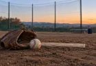 朝の野球場のブルペンのマウンドに置かれた白球とグラブ、ベンチ脇のスーツケース