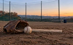朝の野球場のブルペンのマウンドに置かれた白球とグラブ、ベンチ脇のスーツケース